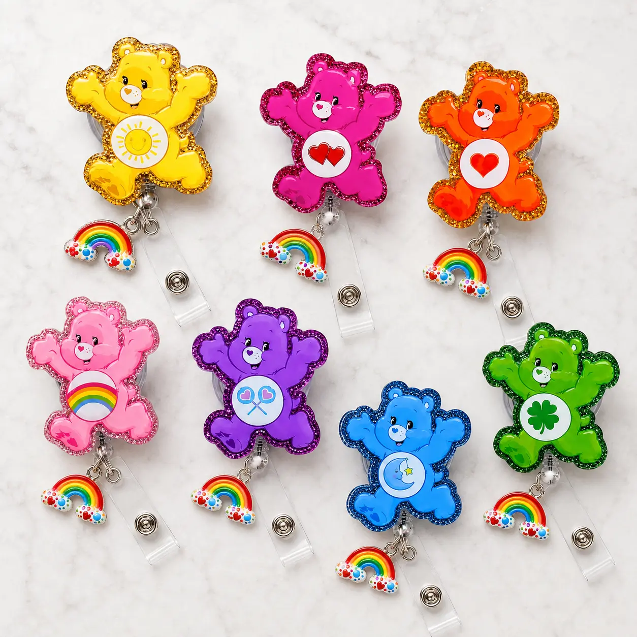 Colorful bear badge reel collection, cute glitter bear retractable ID holder with rainbow charm, kawaii work badge clip for nurses teachers office staff