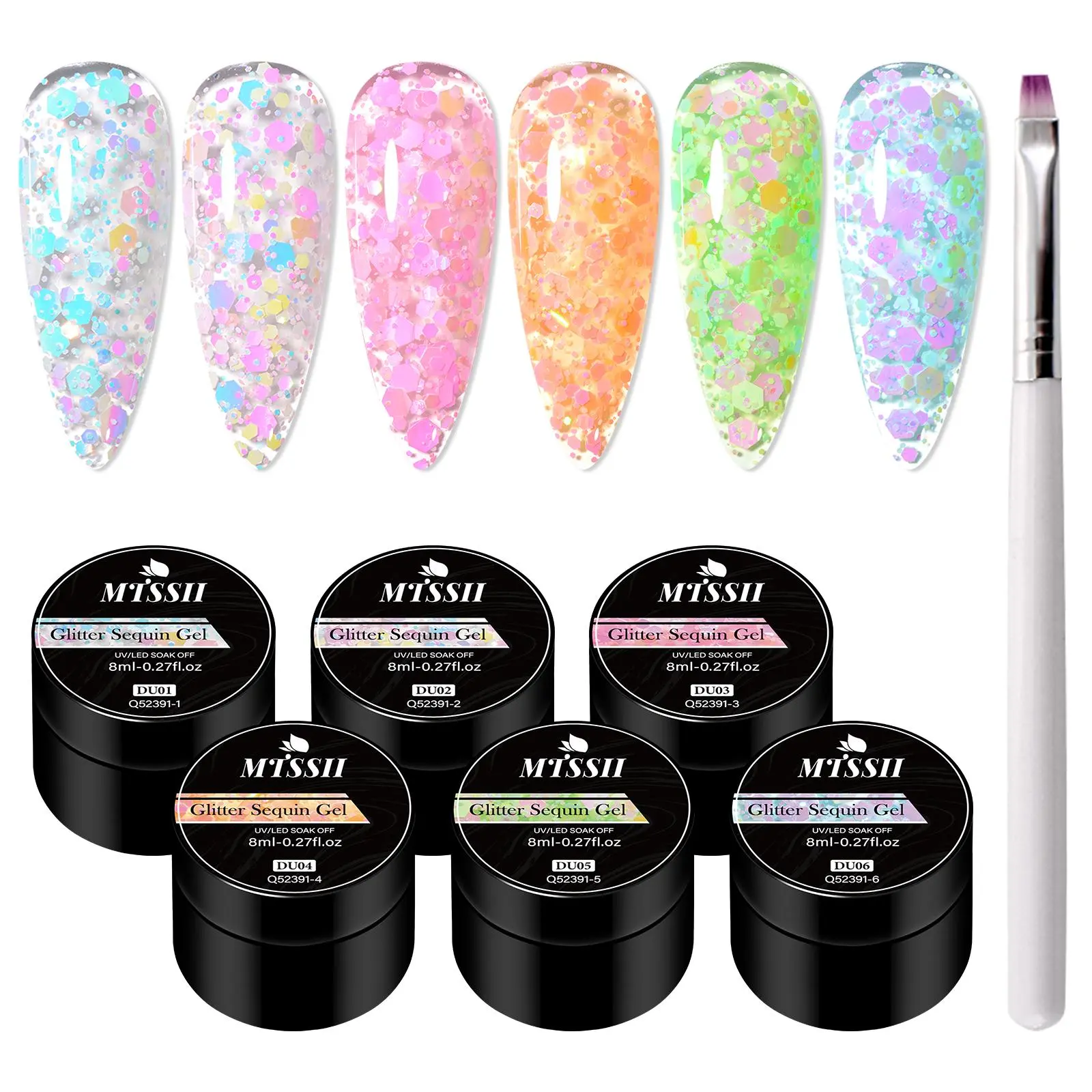 Glitter Sequins Gel Nail Polish Set, Gel Nail Polish Kit, Gel Polishes, 7pcs/set Semi Permanent Soak Off UV Light Gel Nail Varnish & Nail Brush, Suitable for Home Salon Nail Art, DIY Manicure