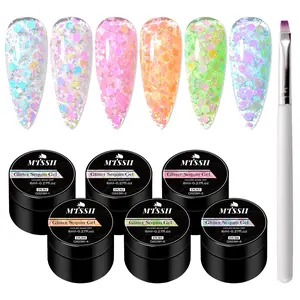 Glitter Sequins Gel Nail Polish Set, 7pcs/set Semi Permanent Soak Off UV Light Gel Nail Varnish & Nail Brush, Suitable for Home Salon Nail Art