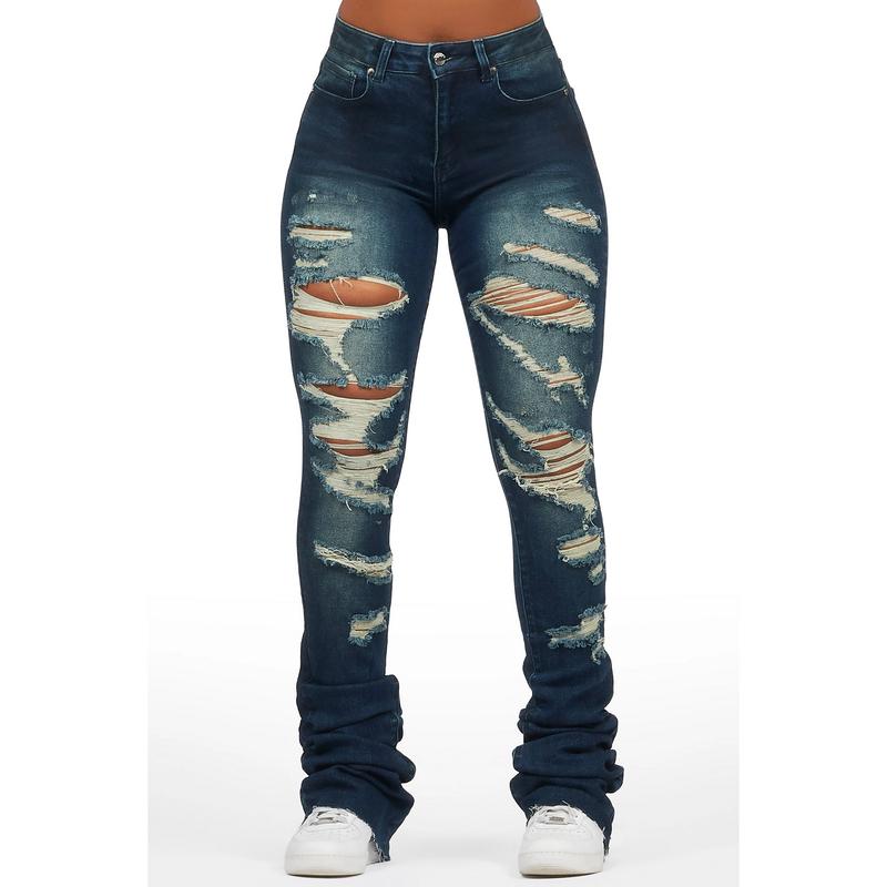 Teyja Dark Wash Distressed Super Stacked Jean