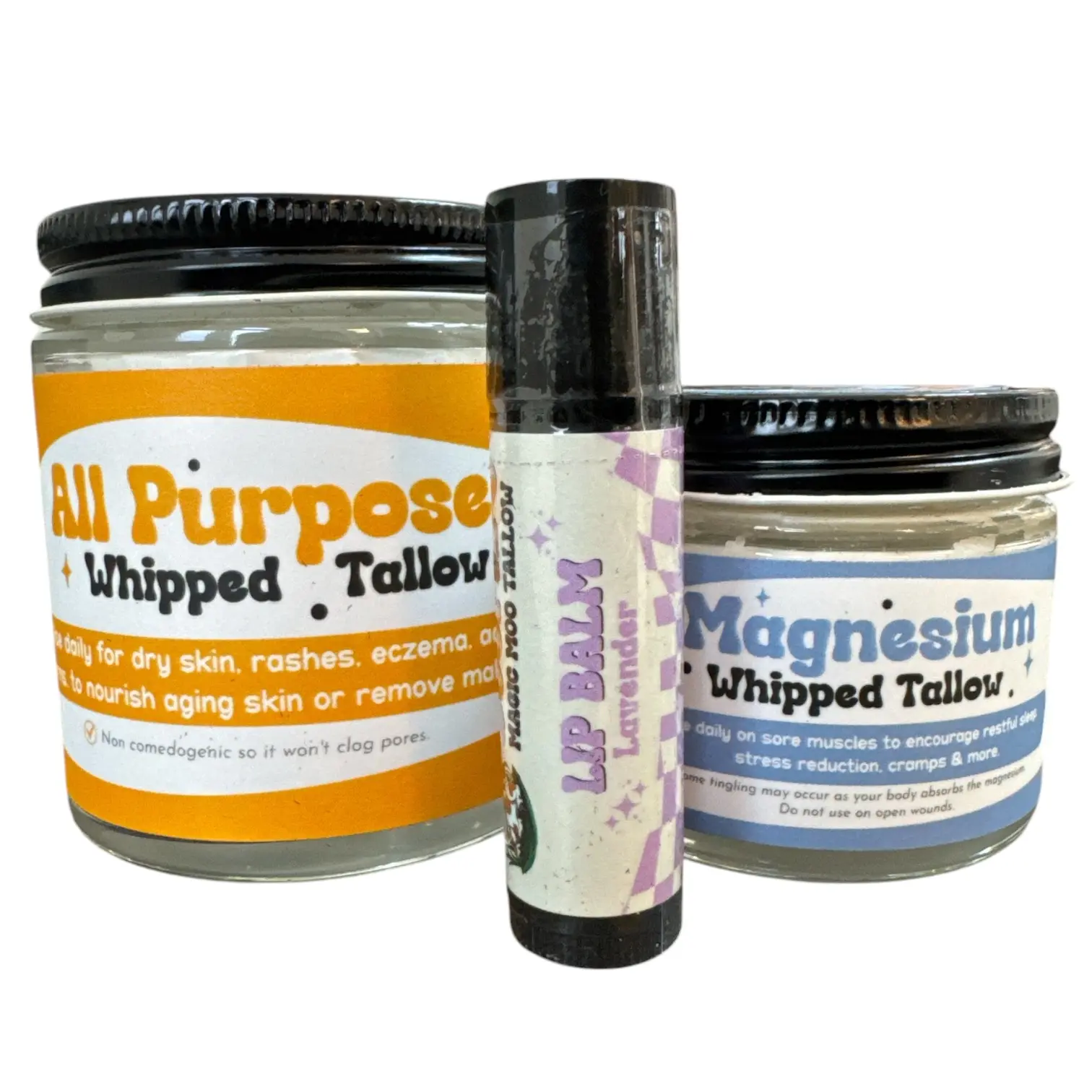 Boopie's Magic Moo Tallow Special Bundle lotion, cream and lip balm made with grass fed & finished beef tallow and organic ingredients.