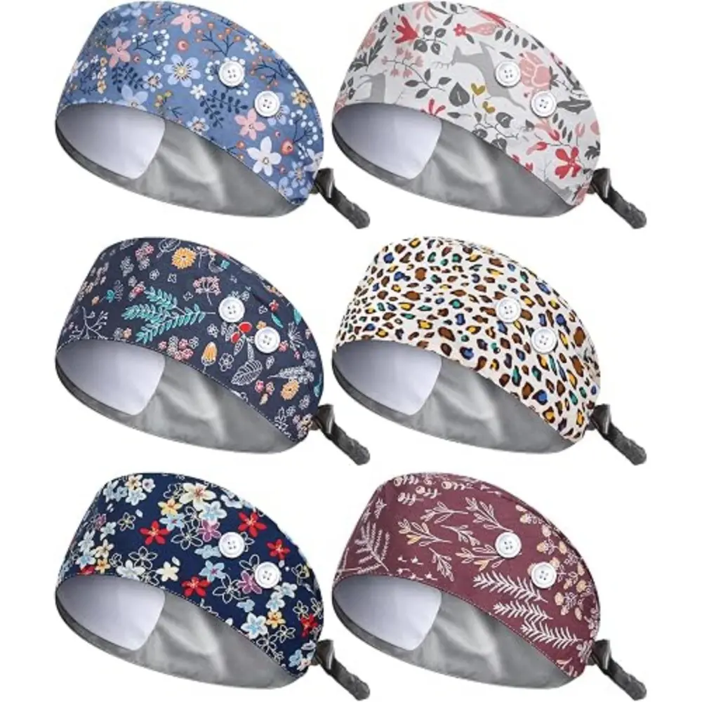 6 piece Satin Lined Scrub Caps Adjustable Elastic Nursing Bouffant Caps with Buttons Ponytail Tie Back Hat for Dentist