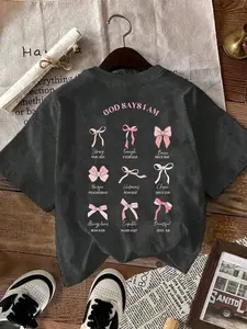 Dark Gray Crop Top, Casual Summer Top, Round Neck "GOD SAYS I AM" Religious Verse Sweet Girl Graphic T-Shirt, Faith Casual Chic Top, Faith Sweet Streetwear, Soft Fabric for Faith Gatherings & Daily Outings, Bold Pink Bow+Verse Design, Fitted
