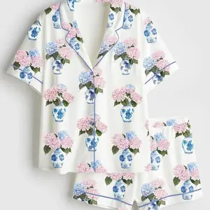 Pink Blue Hydrangea Chinoiserie Satin Pajama Set – Short Sleeve Sleepwear