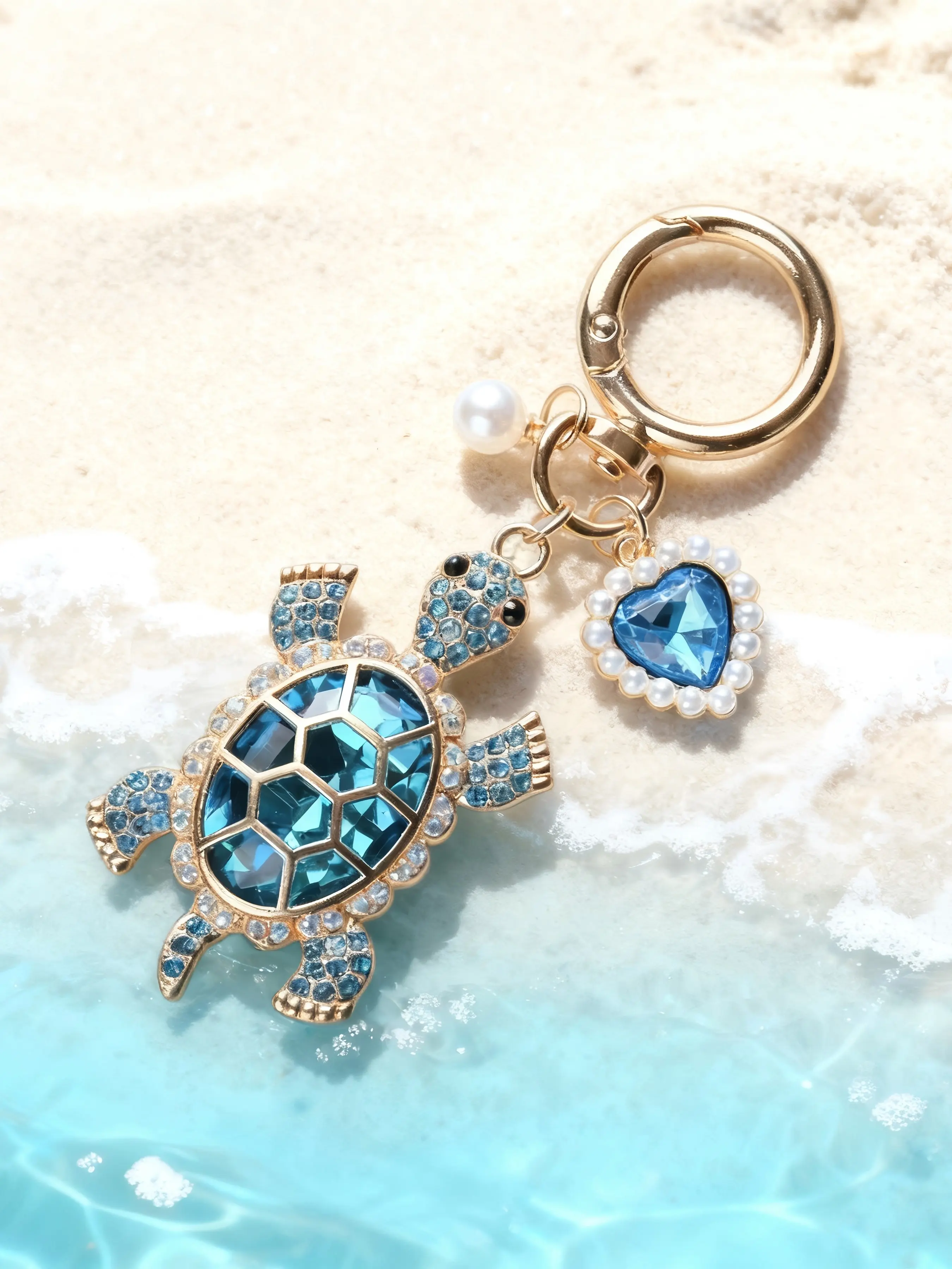 Ocean Blue Crystal Turtle Bag Pendant, Pearl Heart Turtle Bag Chain Accessory, Ocean Style Bag Packaging Keychain, Backpack/Wallet Hanging Accessory, Backpack Charms, Bag Hanging Accessory, Bag Charms For Handbags, Purse Accessories
