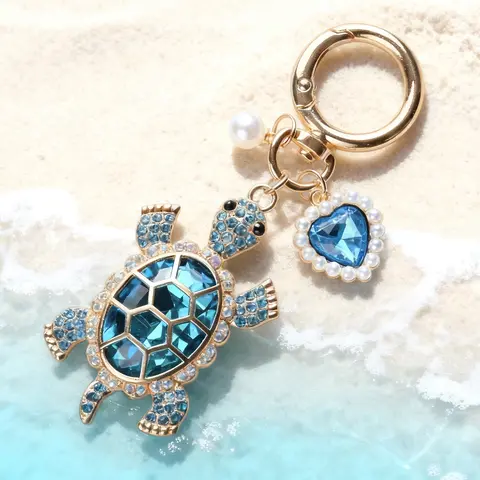 Rhinestone Turtle Keychain, Crystal Sea Turtle Bag Charm with Faux Pearl Heart Pendant, Cute Key Ring for Women Purse Decor, Thanksgiving Christmas Gift for Her