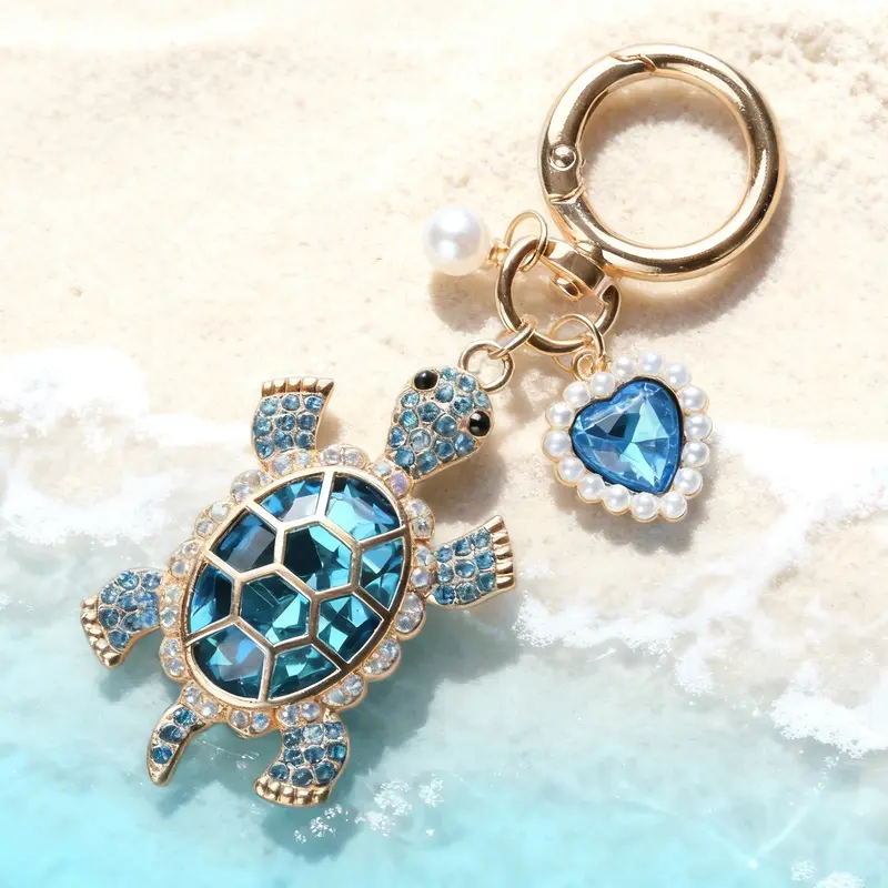 Rhinestone Turtle Keychain, Crystal Sea Turtle Bag Charm with Faux Pearl Heart Pendant, Cute Key Ring for Women Purse Decor, Thanksgiving Christmas Gift for Her
