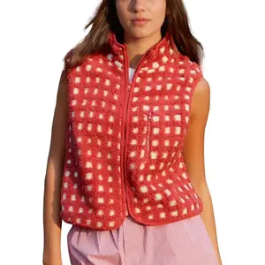 Women’s Checkered Sherpa Vest Sleeveless Winter Fleece Jacket High Neck Zip-Up Plaid Gilet with Chest Pocket