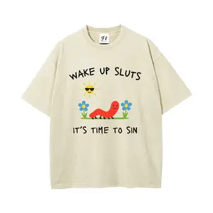 Wake Up Sluts It's Time To Sin Funny Worm Meme Washable Direct-to-Garment Tee Vintage 260g Heavyweight Cotton Unisex Casual Streetwear Shirt