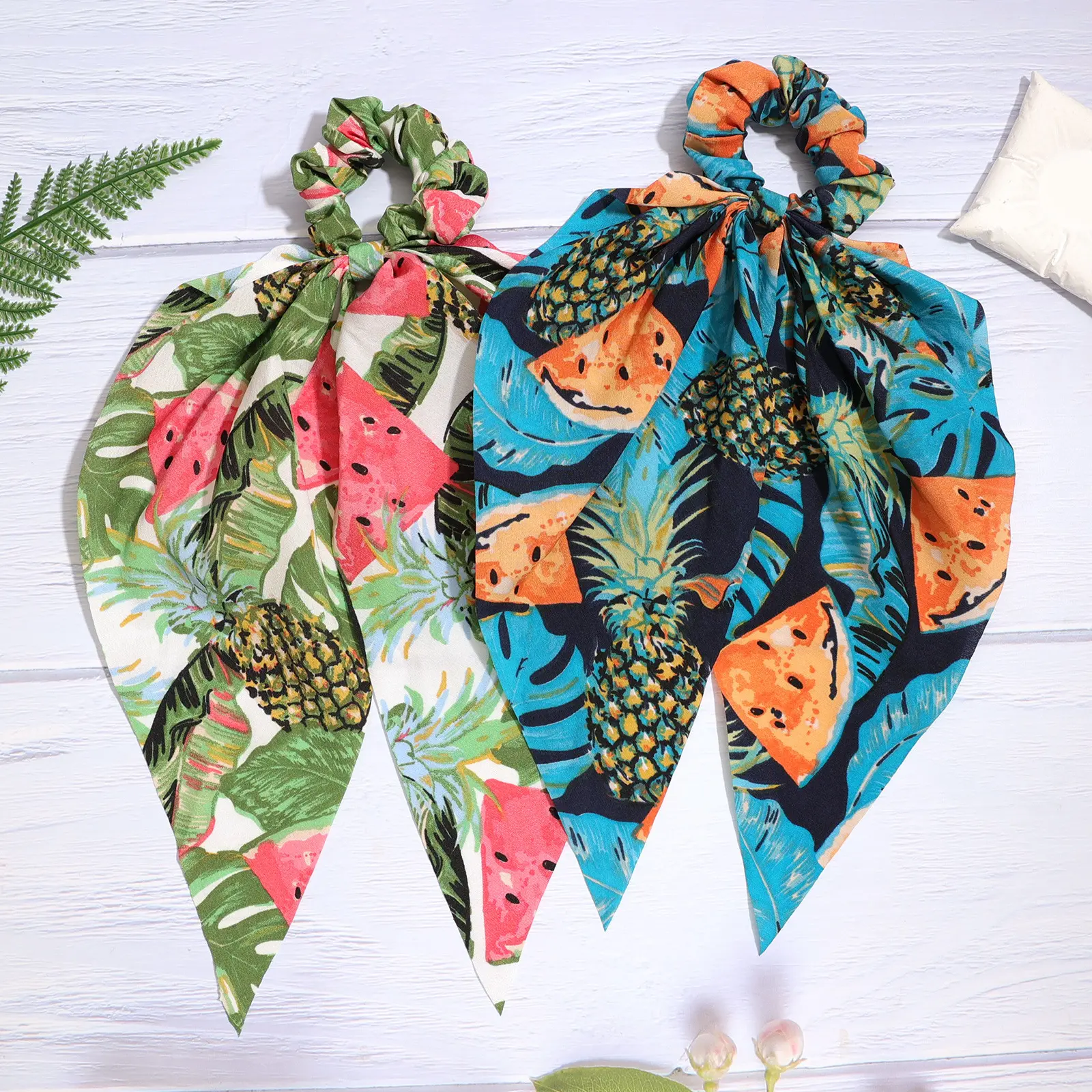 Fashionable fabric tropical fruit print triangle scarf with elastic band and ribbon hair tie, versatile hair accessory