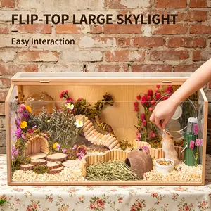 23.6" Large Wooden Hamster Cage | Clear View Enclosure with Slide-Out Tray & Flip-Top Lid Well-ventilated, safe and durable natural wood material