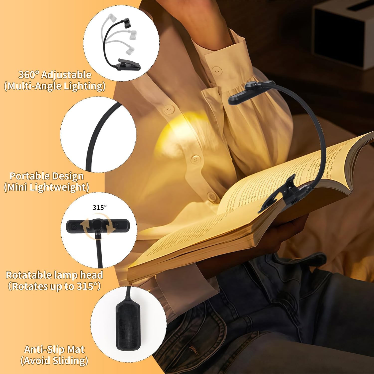 Rechargeable Book Light for Reading in Bed – 24 LED Clip-On Light with Memory Function, 3 Color Modes, Stepless Dimming & 80H Runtime, Eye-Caring for Book Lovers