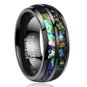 Abalone Shell and Fire Opal Engagement Tungsten Carbide Ring