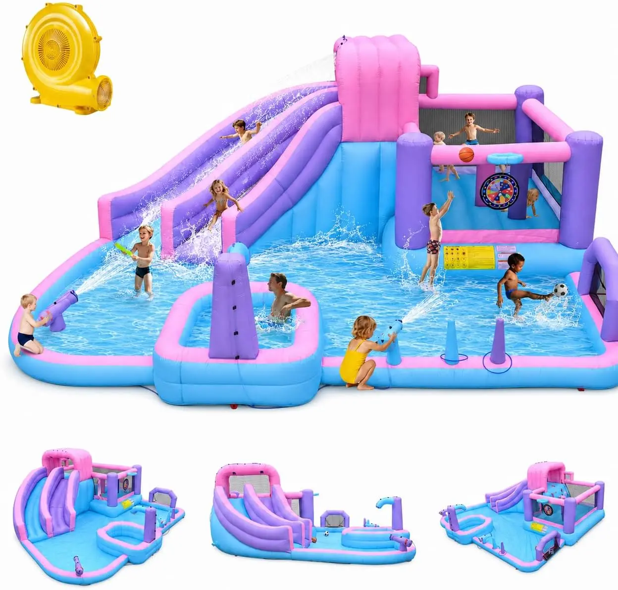 KHUSAFH10in1 Inflatable Water Slide for Kids, 19.3Ft Giant Backyard Water Park with Dual Slides, Water Cannons, Deep Pool & Sports Zone Ages 3–12, Includes 850W Blower