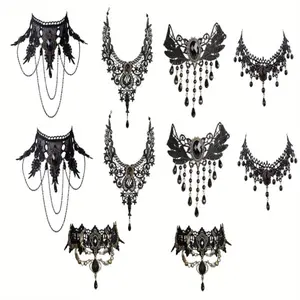 Elegant Gothic Lace Choker Necklace Set 2 Sets Alloy Sexy Jewelry Lady Victorian Wedding Party Cosplay Halloween Beaded Butterfly Collar Statement with Pendant - Hand Made