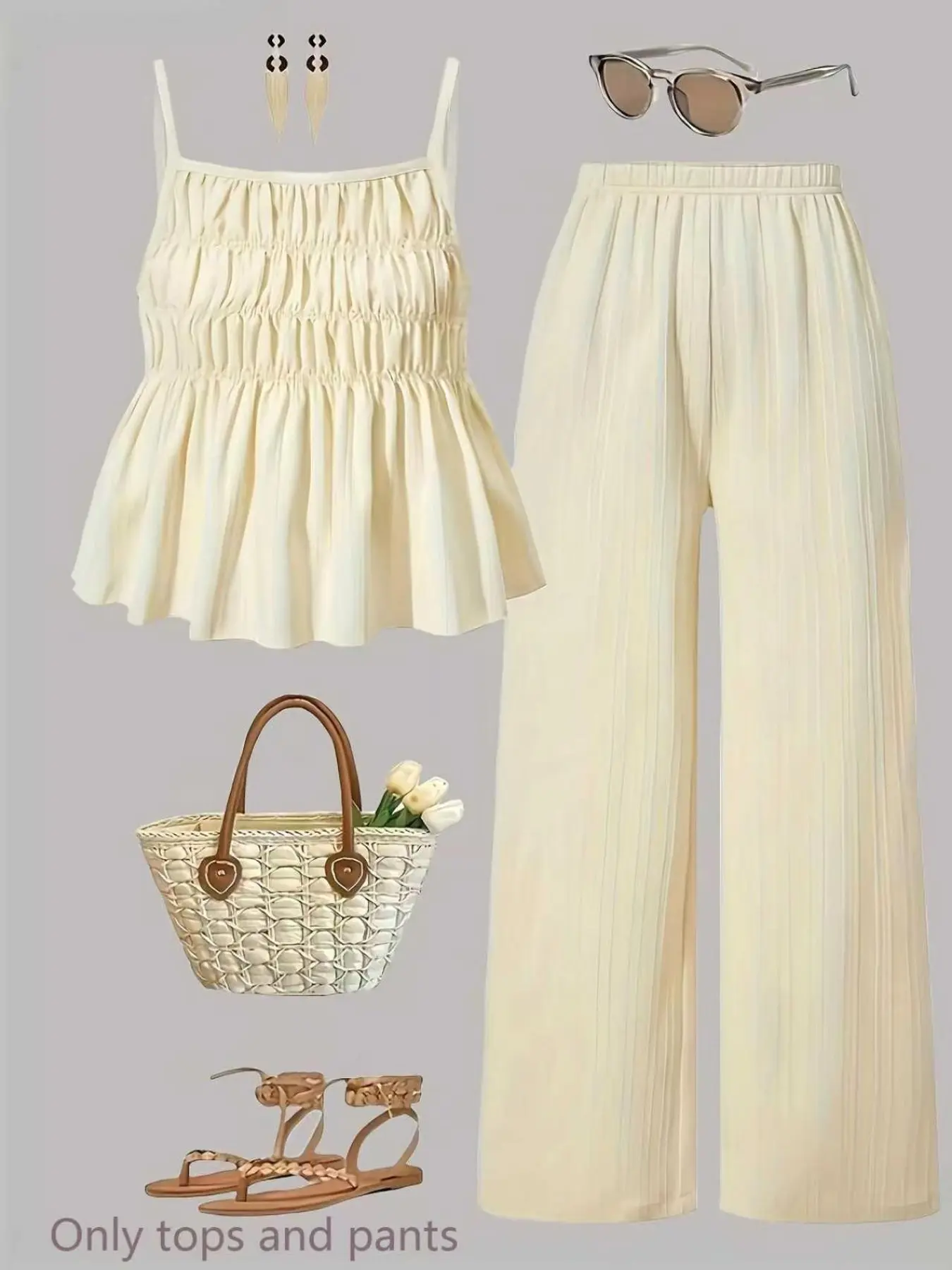 Casual Shirred Texture Cami Top & Wide Leg Pants Set, Womenswear, Perfect for Vacation, Sister Photos and Daily Wear, Summer Clothing, Tank Top