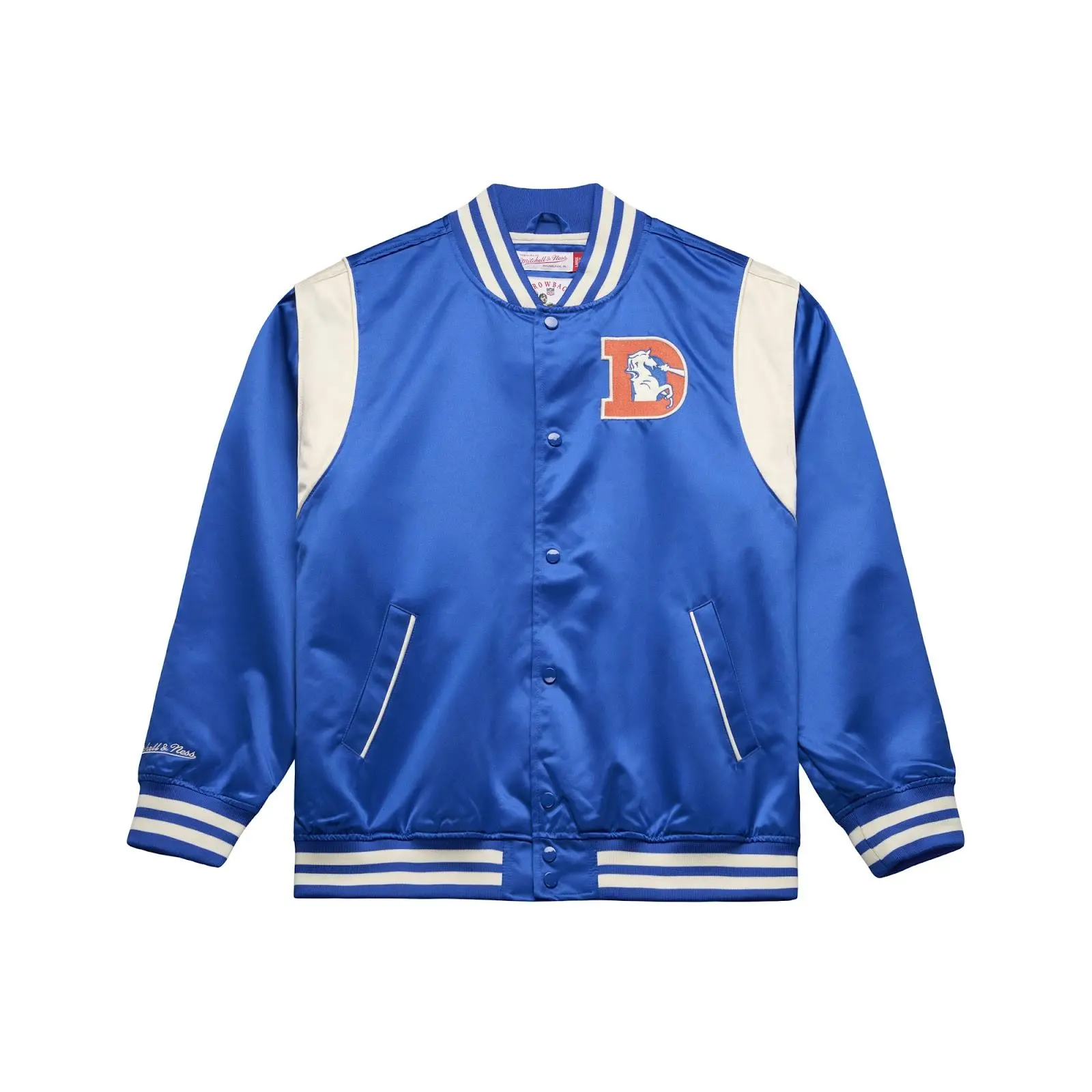 Mitchell & Ness Denver Broncos Menswear Royal Retro Roots Graphics Lightweight Satin Jacket, Casual Classic Coats for Men