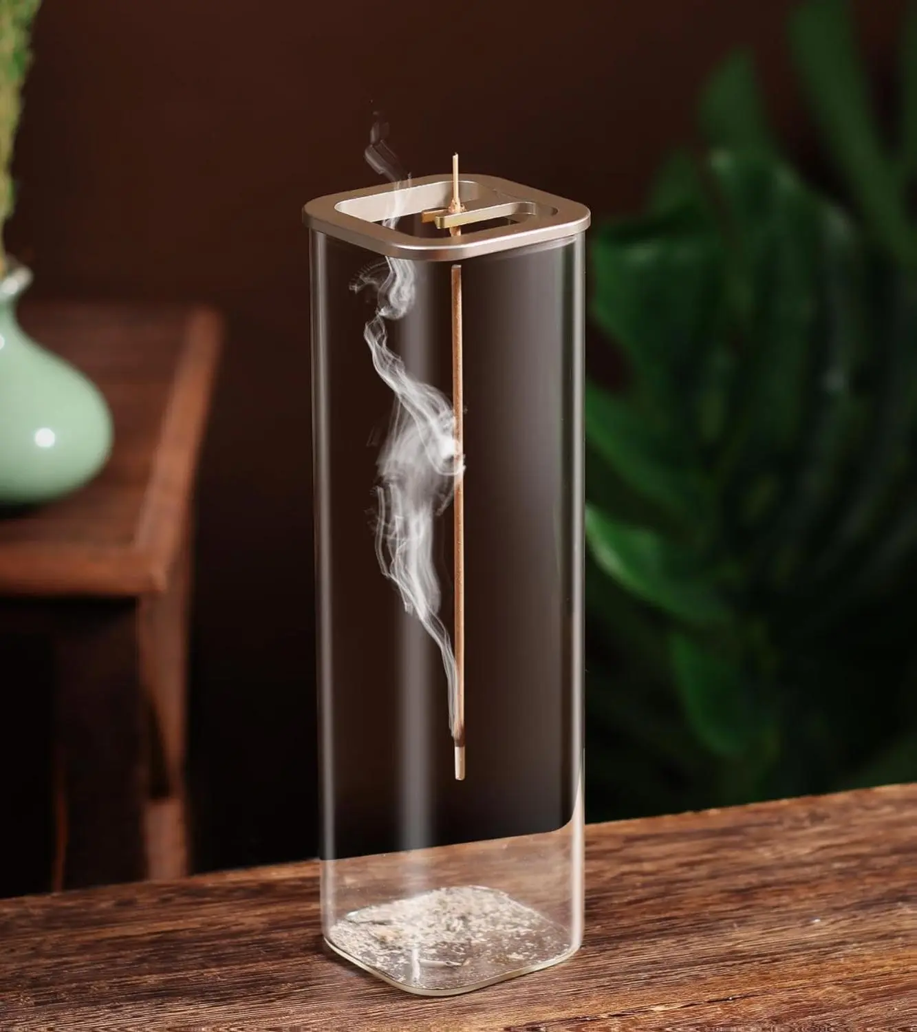 Modern Ashproof Incense Stick Holder Container - Hanging Metal Bottle with Removable Transparent Glass Ash Catcher, 2.35in Diameter, 8in Height Solid Design, Patent Pending, Easy-Maintenance Standard Home Decor Fragrance Accessory for Yoga Meditation
