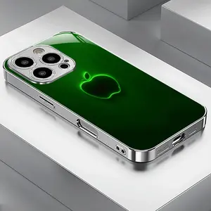 Suitable for iPhone 17 16 15 14 13 12 11 Pro Max Fashion Luxury Electroplated Silver Glass Phone Case, with Green Glowing Apple Logo Design, Perfect Holiday Gift for Partner or Friend