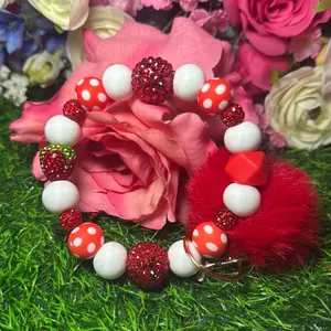 Polka berry wristlet keychain color scheme red, white, polka dot print and bling  beads made with wire