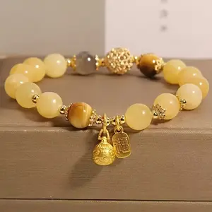 Handmade Bohemian Yellow Crystal Bead Bracelet with Golden Beast Charm - Vintage Style Women's Jewelry for Casual Wear, Gift Giving, Teacher's Day, Graduation, Back-to-School, Fashion Bracelet | Vintage Charm Bracelet | Sophisticated Accessories