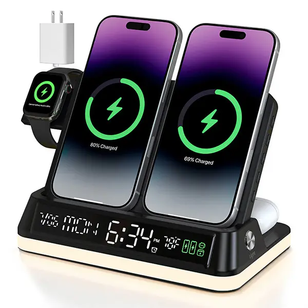 GoldJoy 7-in-1 Wireless Charging Station - Dual Phone Charging Dock with 33W Adapter, Bluetooth Sync Alarm Clock, Sunset Ambient LED Night Light for iPhone, Apple Watch, AirPods, Top Gift Idea