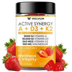 WELVIUM Active Synergy A D3 K2 Gummies 10000 IU with Magnesium Glycinate Calcium B12 K2 MK-7 Vitamins A E Natural Strawberry Flavor for Bone Muscle Health Healthcare Dietary Fitness Bathroom Supplement