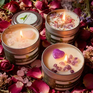 Crystal Scented Candles Gift Set with 1 Heart-shaped carved Crystal stone, Soy Scented Wax, amethyst, pink crystal, Net content 100g/24 Hour Burn Time