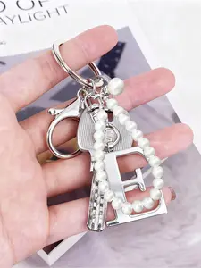 Advanced and elegant silver pearl letter keychain, 3D pendant with A-Z letters, elegant pearl chain with rhinestones (detachable according to personal preference), fashionable alloy keychain ring, earphone pendant, backpack charm and car keychain,