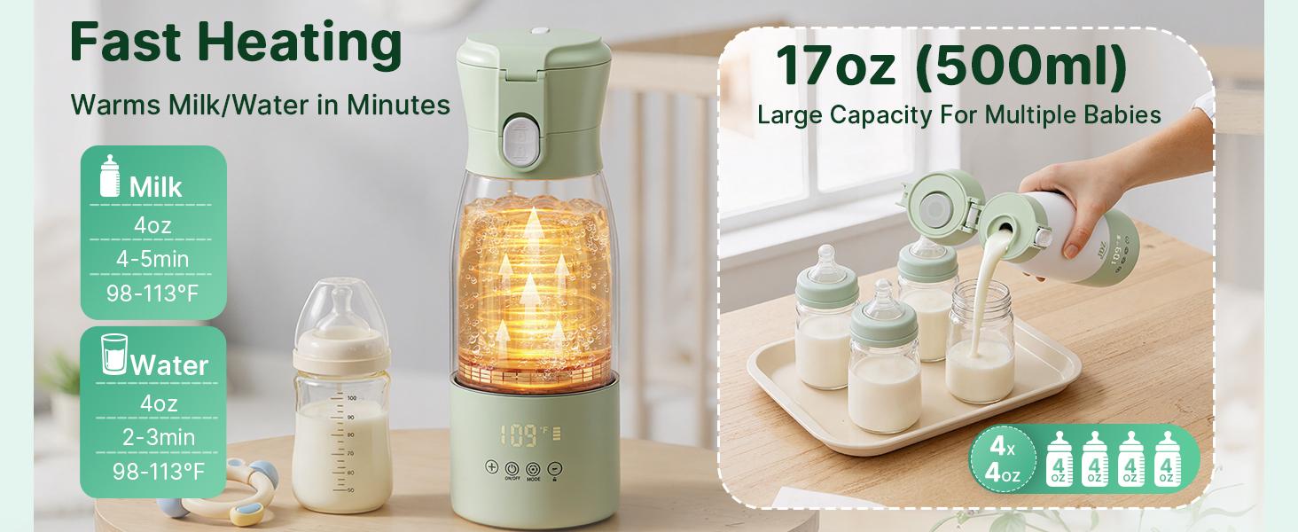 16000mAh Rechargeable Baby Bottle Warmer | 3-5 Mins Fast Heating Baby-Safe | 17oz with Timer & Temp Control for Travel, Breast Milk, Formula