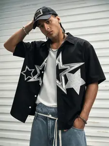 Men's silver star printed short sleeved shirt, street style loose top with metal sparkling star pattern, casual version suitable for daily travel and street wear, durable and eye-catching print meets urban and Y2K style enthusiasts