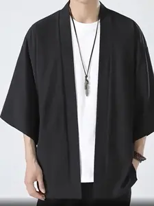 Men'S Casual Loose Fit Japanese Kimono Style Shirt - Black Traditional Japanese Kimono Design with Open Front, Loose Fit, Lightweight & Breathable Fabric for Summer, Casual Summer Wear Menswear | Kimono Style Shirt | Lightweight Kimono Clothes