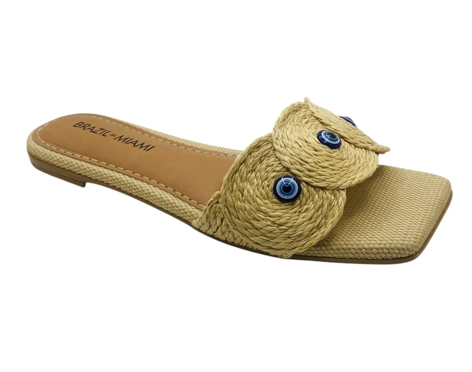 Boho Raffia Slide Sandals with Evil Eye Detail Boho Raffia Slide Sandals with Evil Eye Detail
