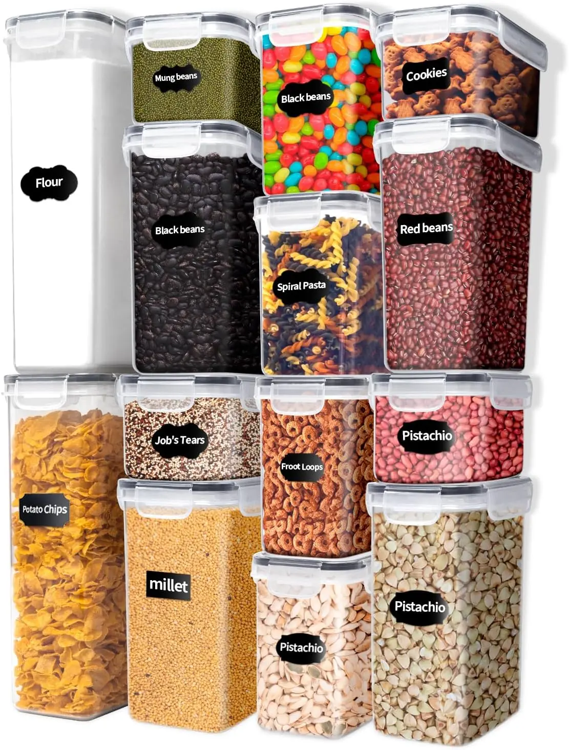 Airtight Food Storage Container Set, 14-Piece BPA-Free Stackable Plastic Canisters with Leak-Proof Lids, Multi-Size Kitchen Pantry Organizers for Dry Food & Cereal, Includes Labels & Seasoning Jars Containers