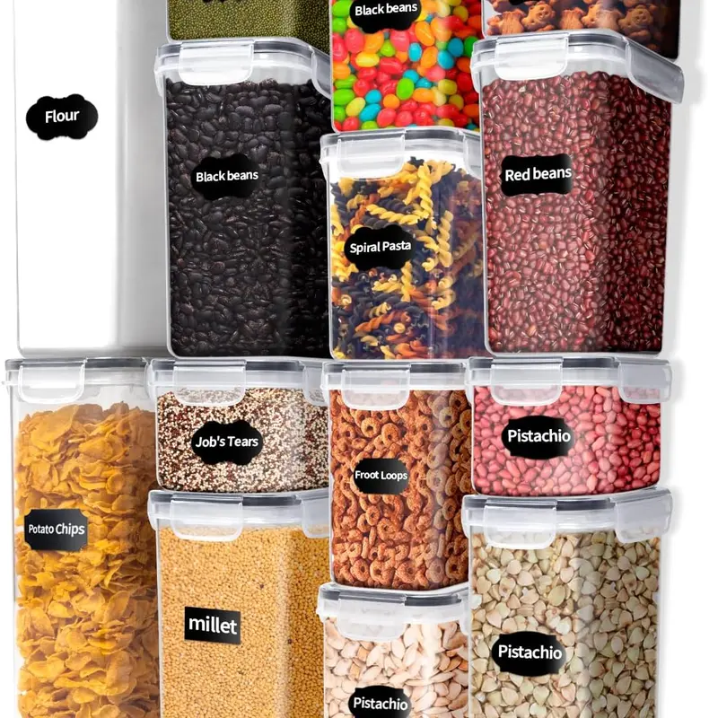 Airtight Food Storage Container Set, 14-Piece BPA-Free Stackable Plastic Canisters with Leak-Proof Lids, Multi-Size Kitchen Pantry Organizers for Dry Food & Cereal, Includes Labels & Seasoning Jars Containers