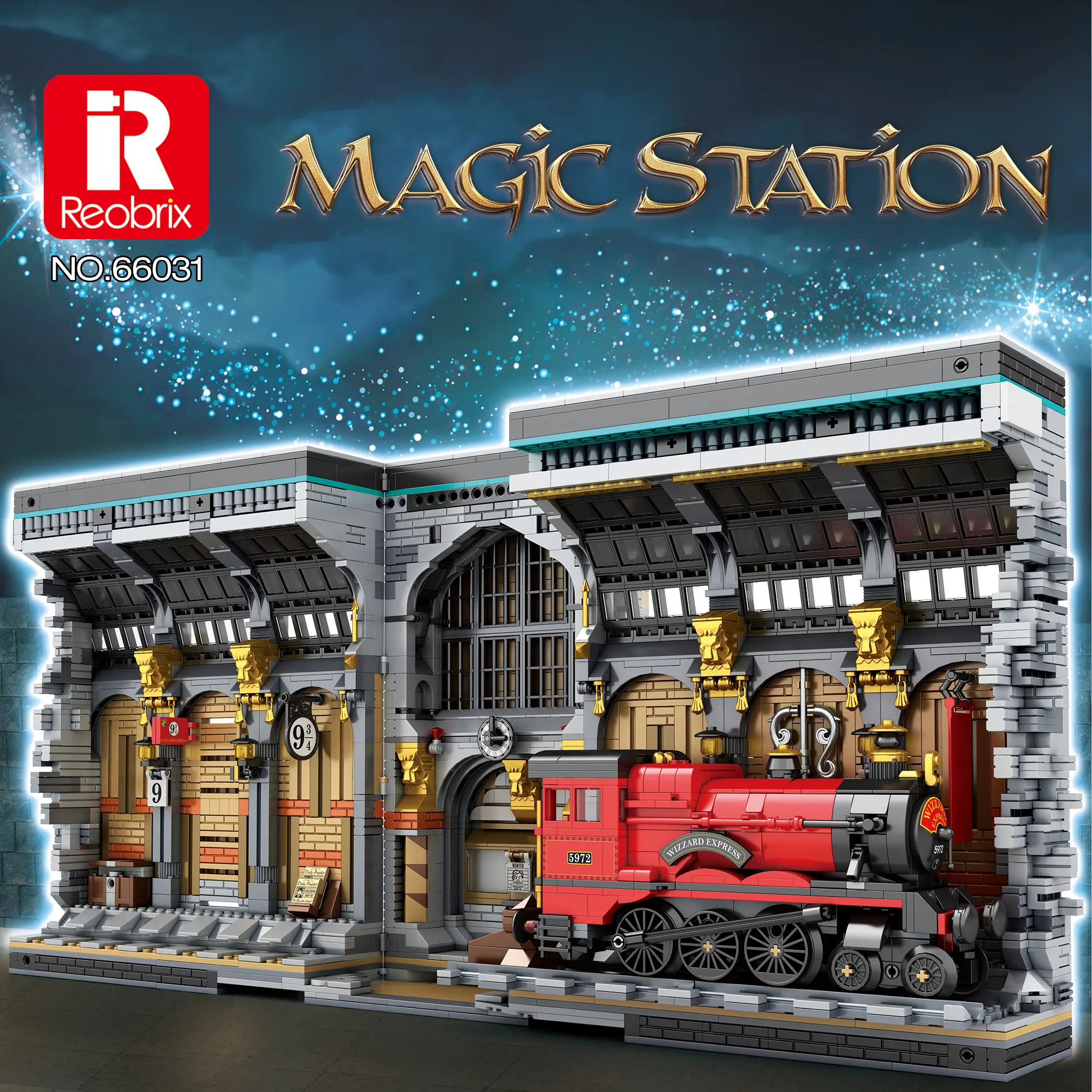 Reobrix Magic Train Booknook Building Set with Lights, Creative Bookends Kit 66031 (2795 PCS) – Buildable, Brick, Interlocking Block, Plastic, Reusable Bricks Buildings, Bookshelf Decor Gift for Teens 14+ & Adults, Buildable Set Buildings