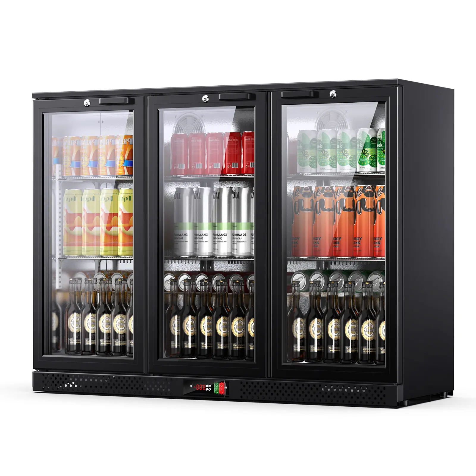 Upstreman 11.4 Cu.Ft Commercial Under Counter Back Bar Fridge - 3 Lockable Double-Pane Low-E Glass Doors, Auto Defrost, Digital Temp Control, Beverage Refrigerator Cooler, Holds 112 Bottles, Commercial Display Drink Fridge for Bars, Restaurants