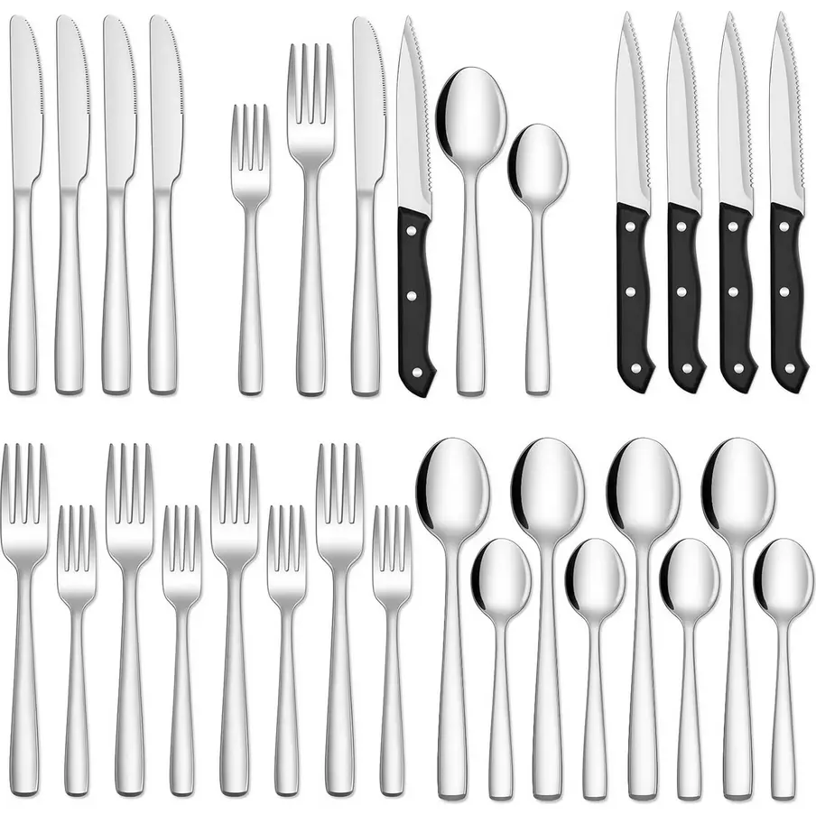 24PCS Stainless Steel Cutlery and Tableware Set - Mirror Polished, Including Steak Knives, Forks, and Spoons