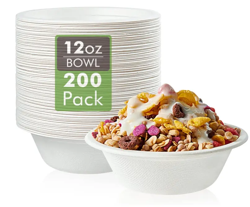 200 Pack 12 oz Disposable Compostable Paper Bowls - Eco-Friendly Bagasse Bowls for Milk Cereals, Snacks, and Salads