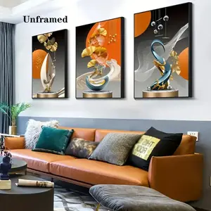 3pcs Modern Geometric Canvas Murals, 3 Gold Deer and Ginkgo Leaf Prints, Used for Decoration in Living Rooms, Bedrooms, Offices, Corridors, 2D Flat Canvas Posters, Frameless, Very Suitable for Room Decoration