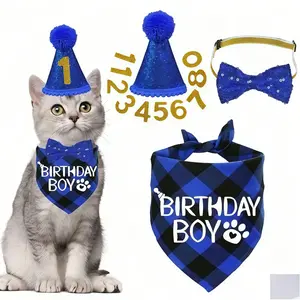 Pet Birthday Decoration Set, Costumes, Includes Bow Tie & Triangle Scarf, Perfect for Cat Dog Birthdays, Blue Plaid Design, Ideal Gift
