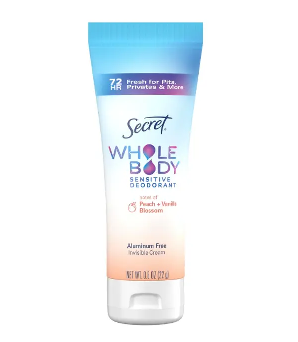 Secret Whole Body Deodorant Cream for Women, Travel Size, Peach & Vanilla Blossom Scent, Aluminum Free Deodorant, 72 HR Odor Protection, 0.8 oz