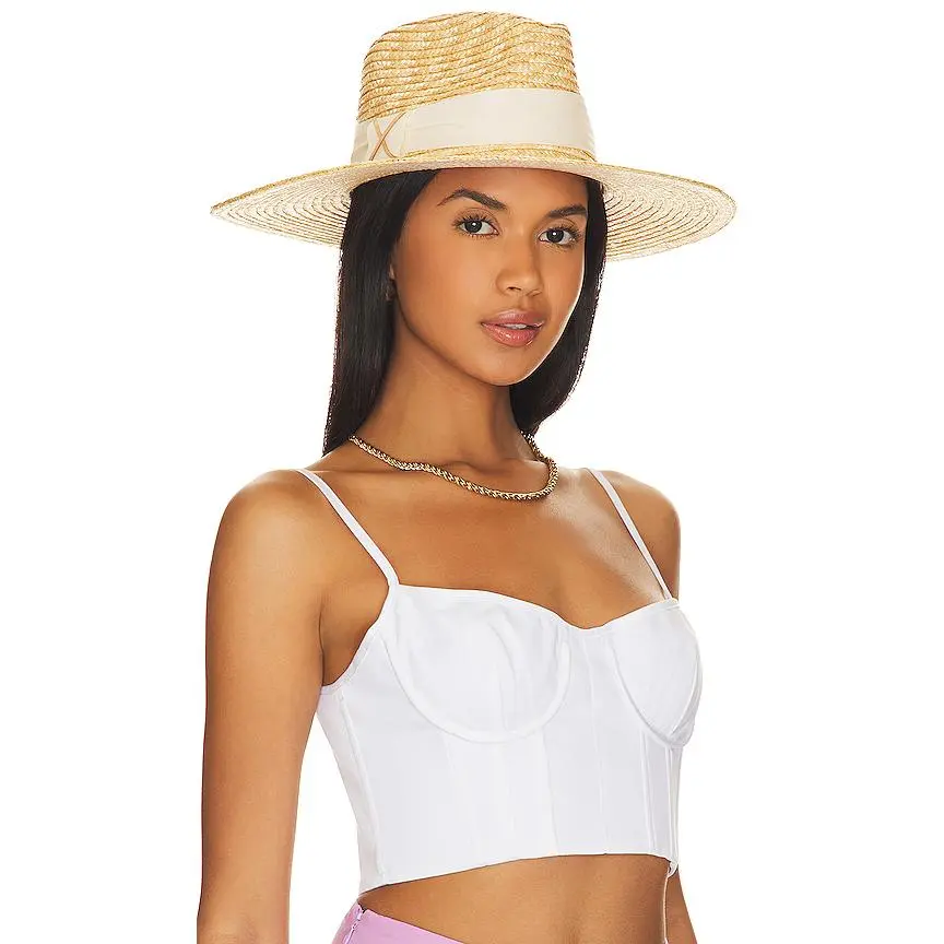 Nikki Beach Zoey Straw Beach Hat - Natural & White, Pinched Crown Fashion Accessory