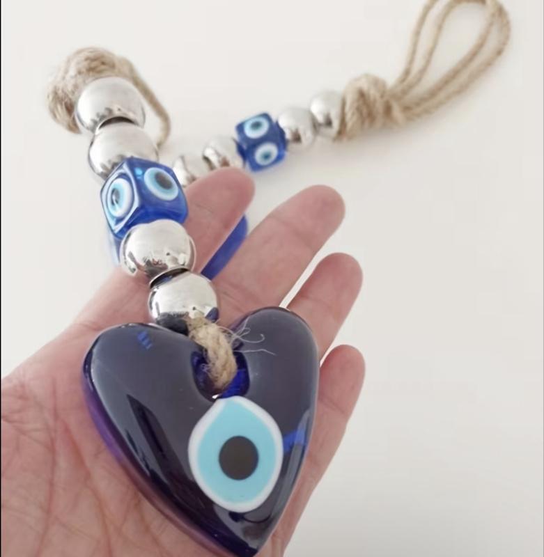 Handmade Heart-Shaped Blue Evil Eye Pendant - Turkish Blue Glass Ornament with Silver Beads - Unique Home Decor, Bag, Car, And Wall Decoration - Thoughtful Gift And Protective Talisman
