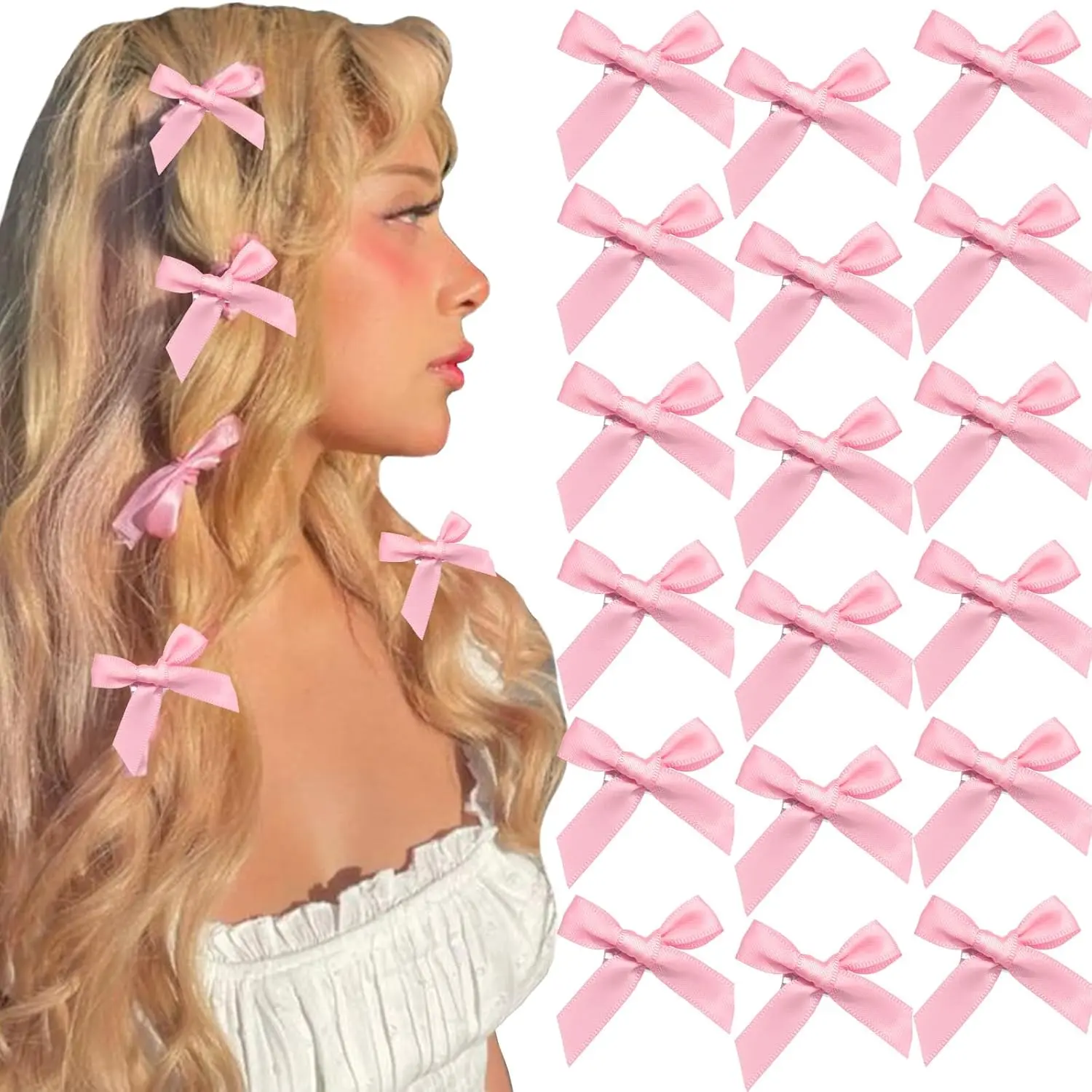 20 count Pink Mini Bowknot Ribbon Barrettes - Cute Claw Clips for Teens, Women & Girls' Hair Accessories