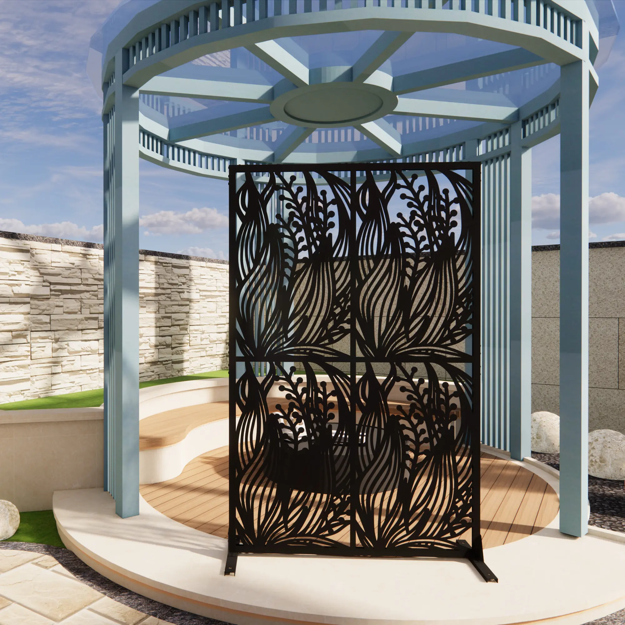 Freestanding Metal Privacy Screen 72"H x 45.3"W, Black Iron Leaf-Pattern Room Divider for Indoor & Outdoor Use, Rustproof, Easy Assembly