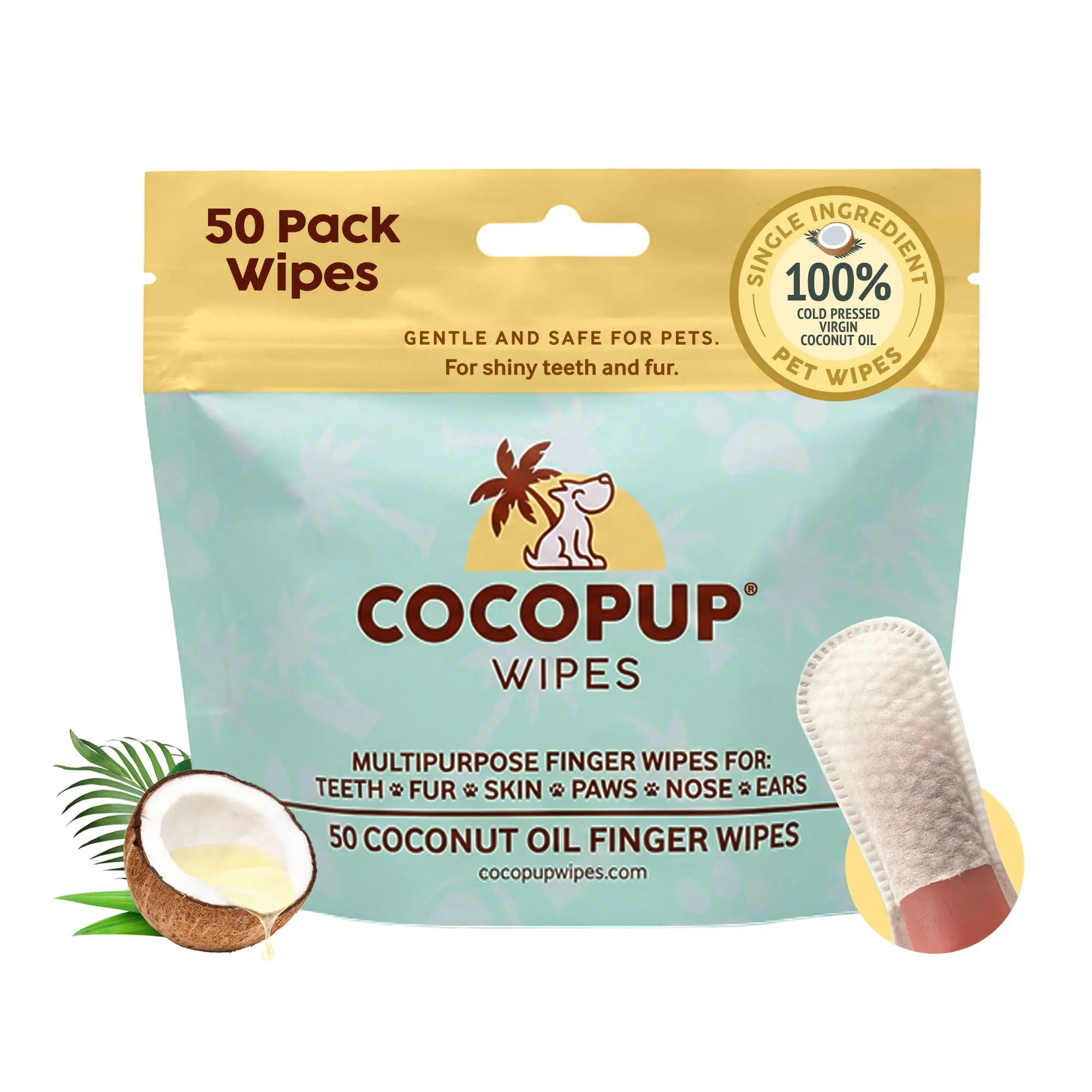 COCOPUP™  Dog Finger Wipes | Teeth, Ears, Nose, Paws & Fur Cleaner | Pure Coconut Oil