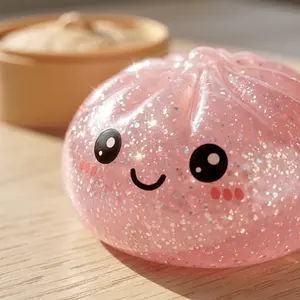 Glitter Dumpling Squishy Toy Cute Stress Relief Fidget Soft Squeeze Toy Anxiety Relief Desk Toy Baozi Shape Stress Relief Ball Mochi Texture Elastic Squeeze Dough Ball for ADHD Patients Kawaii Design Vibrant Playtime Addition