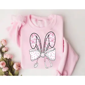 Easter Nurse Short sleeved T-SHIRT / Sweatshirt , Stethoscope Bow Nurse Shirt, Easter Shirt For Women, Nurse Easter Bunny Shirt, Nurse Gift, Toile Nurse Bow Shirt Cotton Fabric Fabric