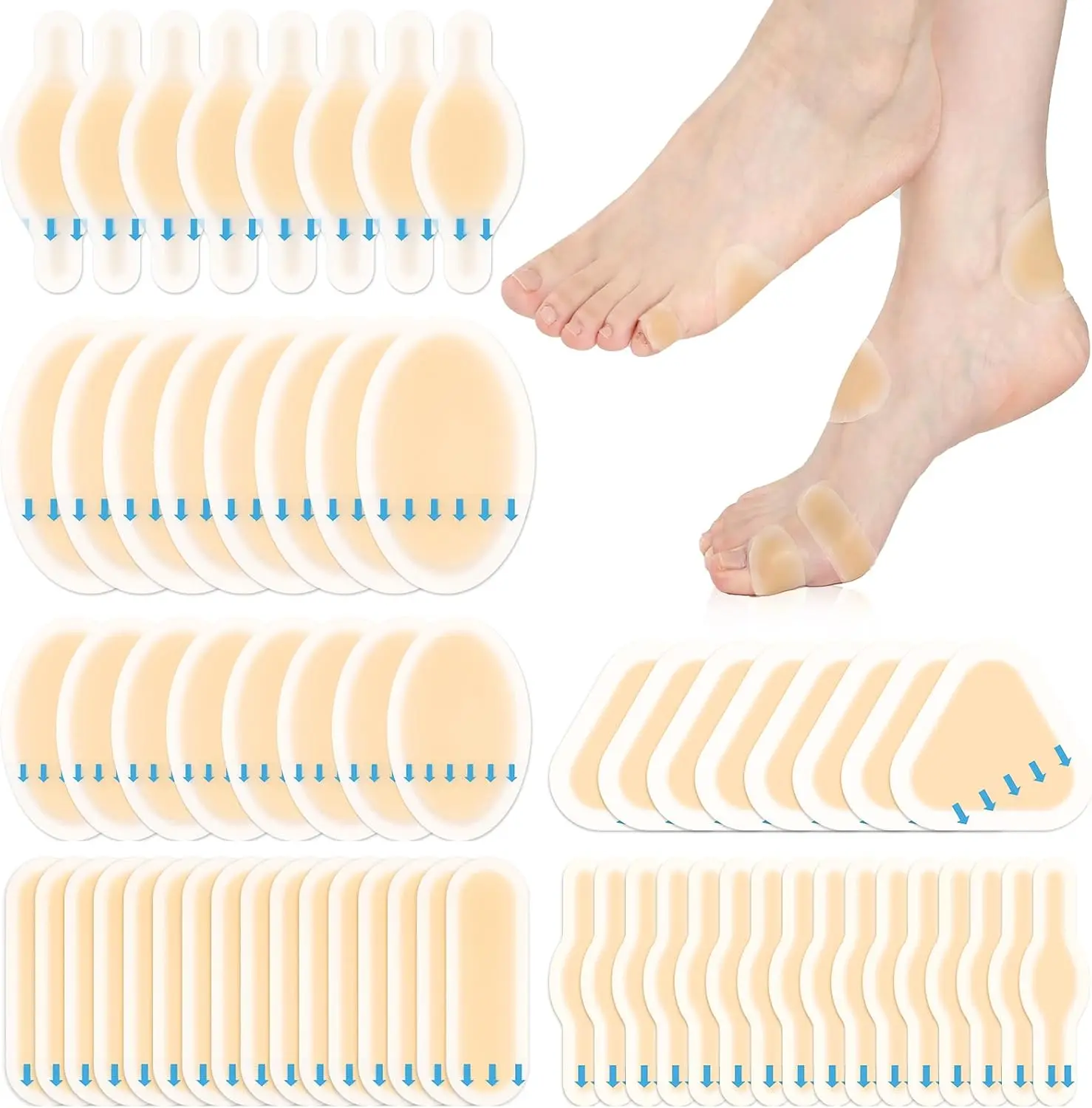 64Pcs Hydrocolloid Blister Bandages for Feet, 6 Styles Waterproof Adhesive Pads, Heel & Toe Cushions, First Aid Plasters for Walking, Hiking Healthcare Kit